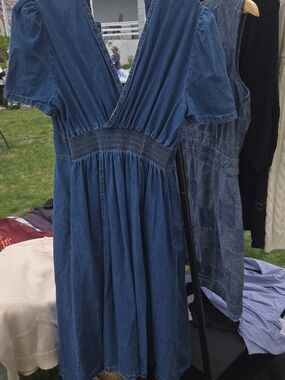 Blue Denim Midi Dress with Smocked Waist